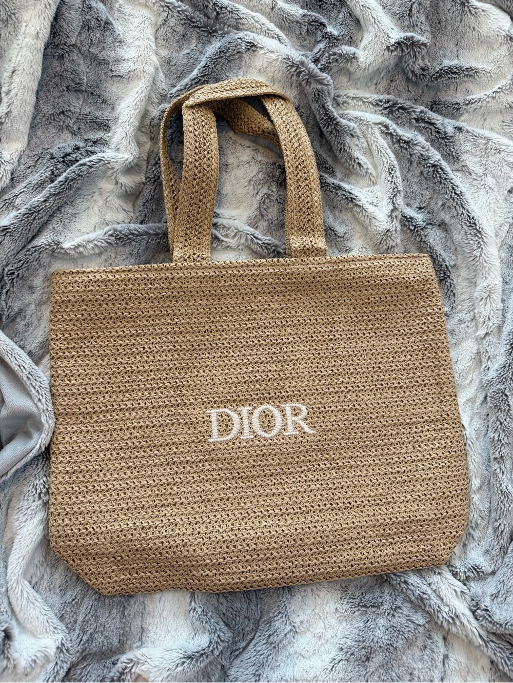 Dior Beauty Beige Woven Straw Style Tote – White Embroidered Logo